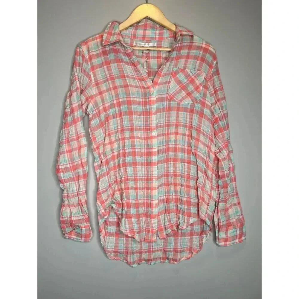 Lauren Conrad long sleeve crinkle flannel plaid button down shirt size Small